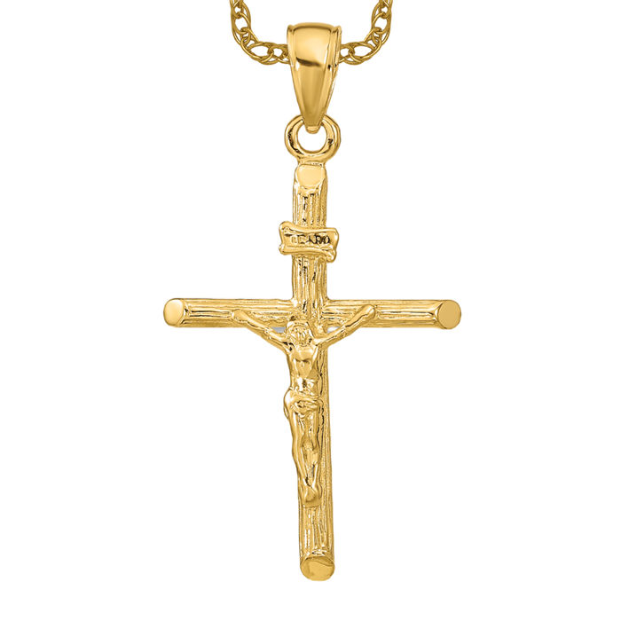 10K Solid Yellow Gold Jesus Crucifix Cross Necklace