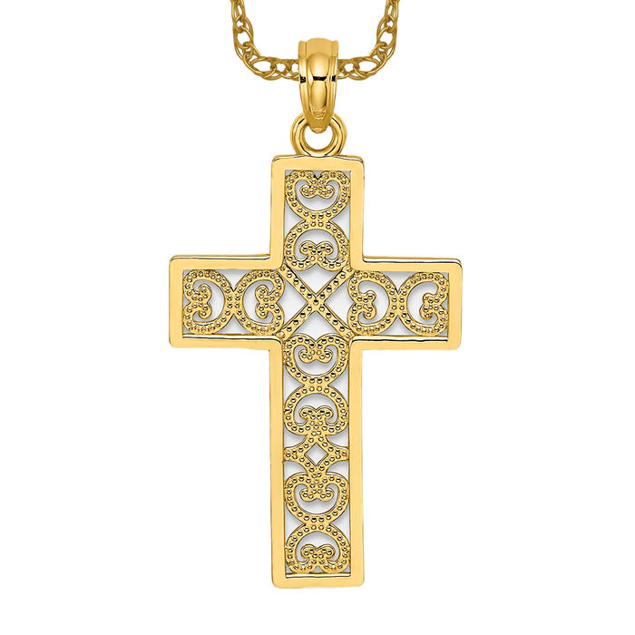 10K Solid Yellow Gold Lace Cross Necklace - Picture 11 of 12