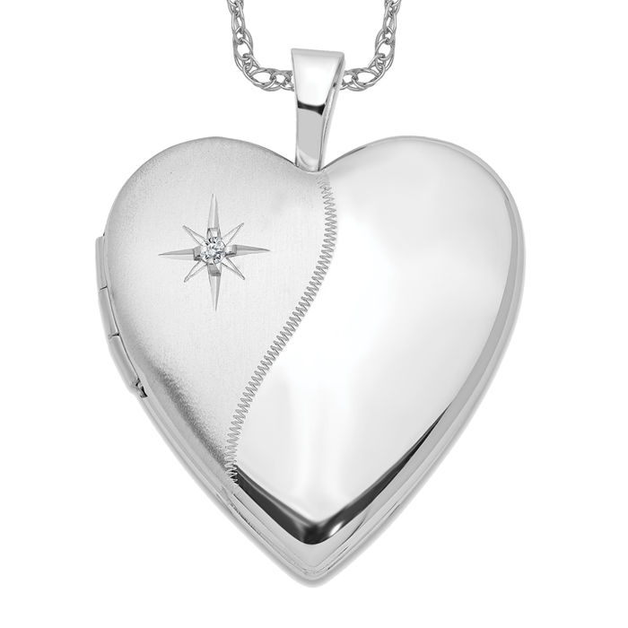 14K Solid White Gold Diamond Heart Locket Necklace Chain Pendant Charm