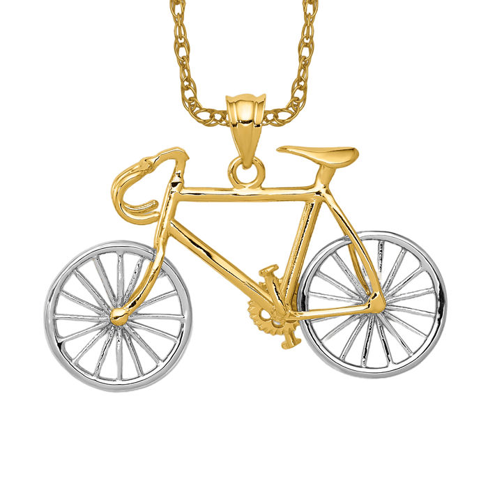14K Solid Two Tone Gold Bicycle Bike Necklace - Picture 11 of 12