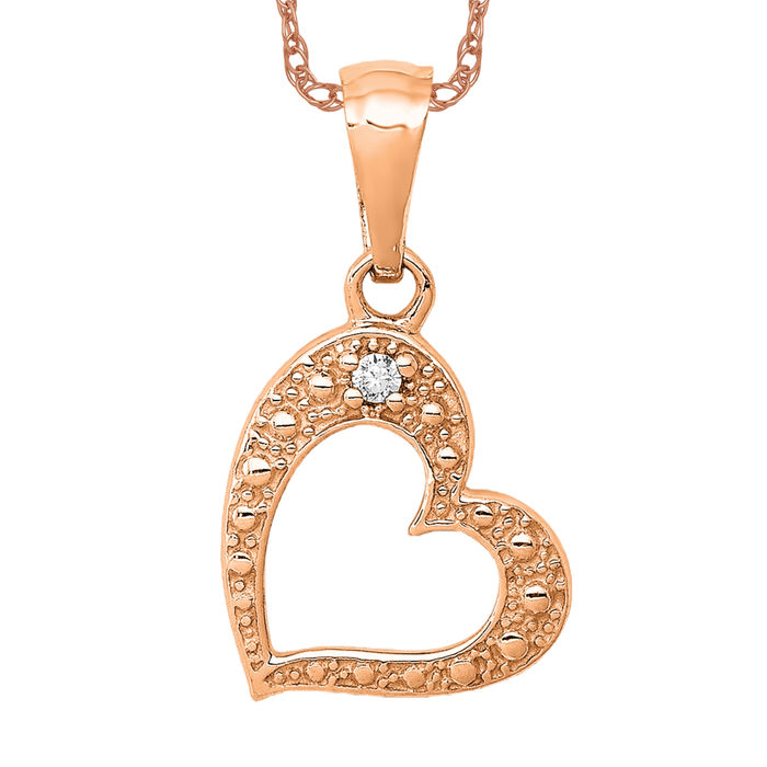 14K Solid Rose Gold Diamond Heart Necklace - Picture 10 of 12