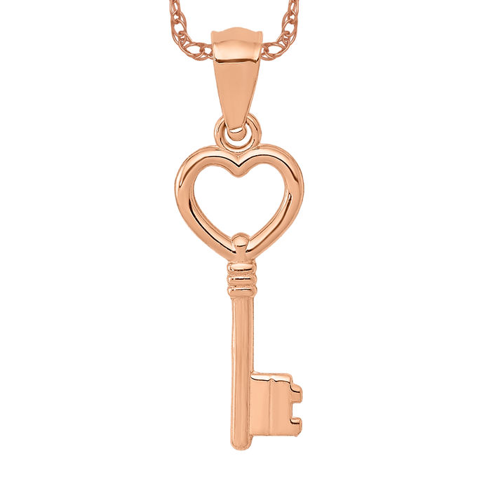 14K Solid Rose Pink Gold Heart Key Necklace Chain Pendant Charm