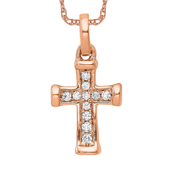 14K Solid Rose Gold Diamond Cross Necklace - Picture 11 of 12
