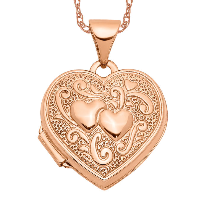14K Solid Rose Gold Double Heart Photo Locket Necklace - Picture 11 of 12