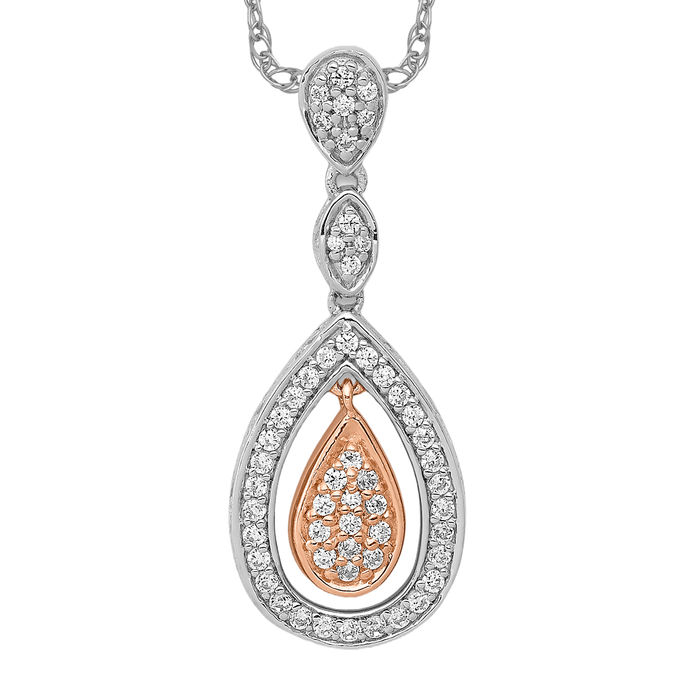 14K Solid Two Tone Rose White Gold Diamond Double Teardrop Floating Chain Slide Pendant Necklace Pear Charm