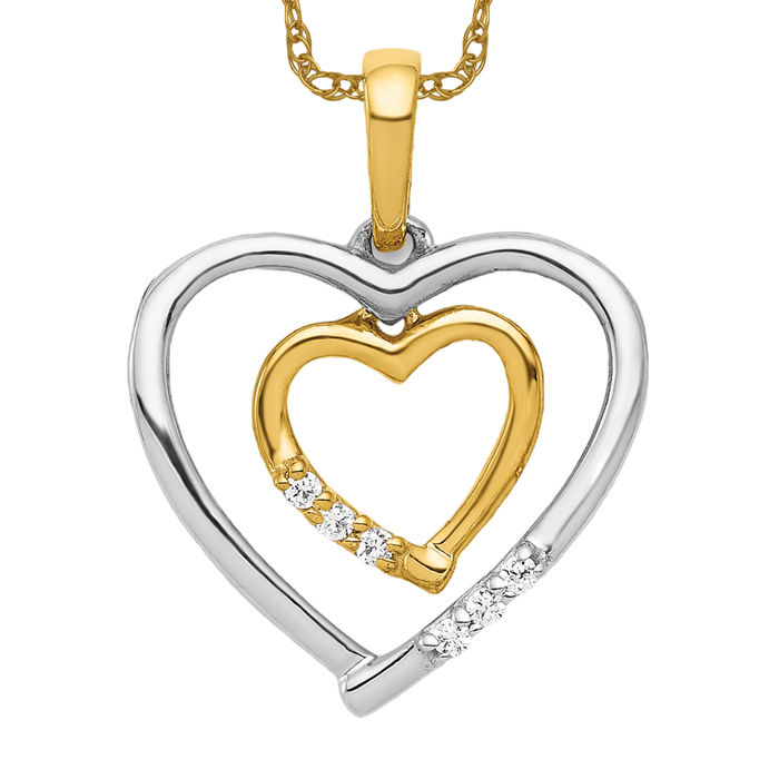 14K Solid Two Tone Gold Heart Diamond Necklace - Picture 9 of 12