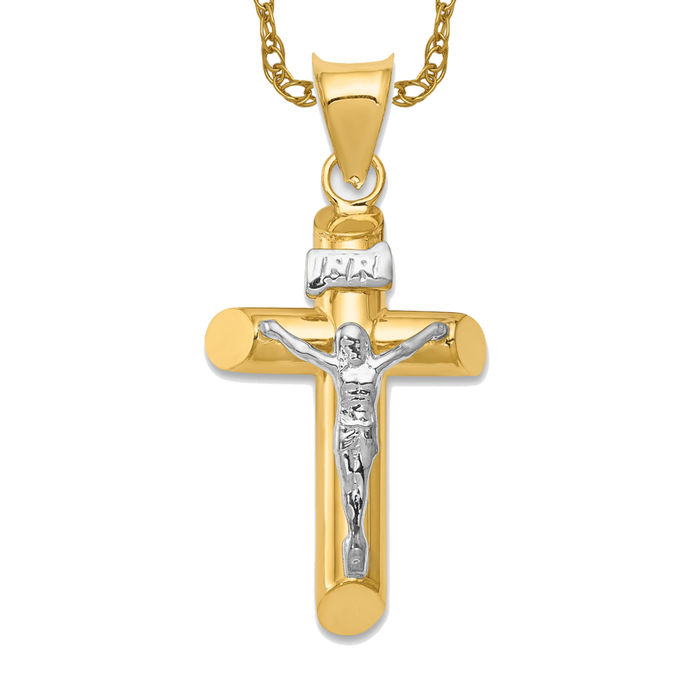 14K Solid Two Tone Gold Jesus Crucifix Cross Necklace - Picture 10 of 12