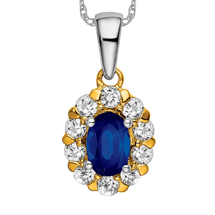 14K Solid Two Tone Gold Oval Blue Sapphire Diamond Halo Necklace - Picture 11 of 12