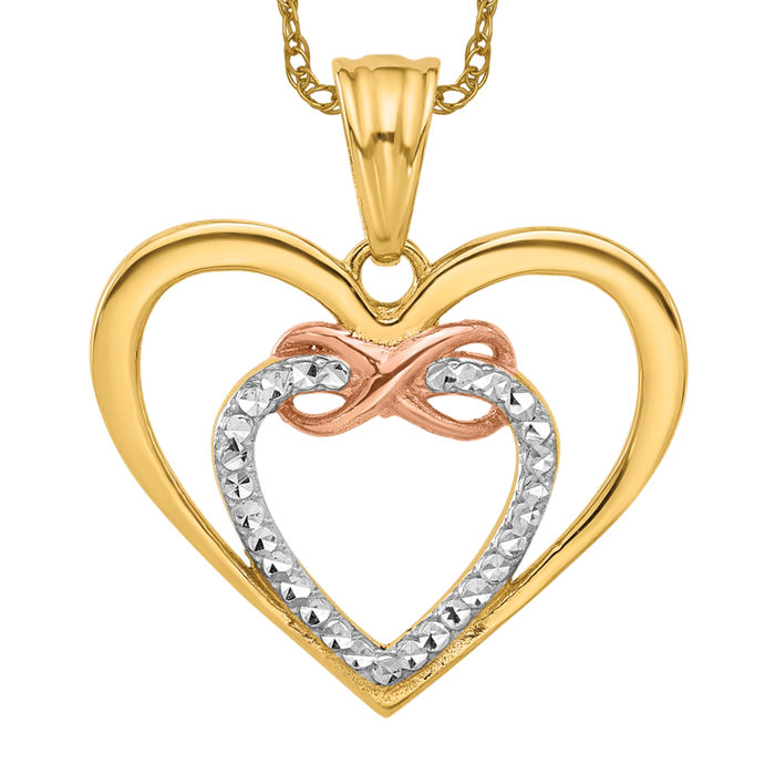 14K Solid Two Tone Gold White Infinity Twisted Love Knot Symbol Heart Necklace Chain Pendant Charm