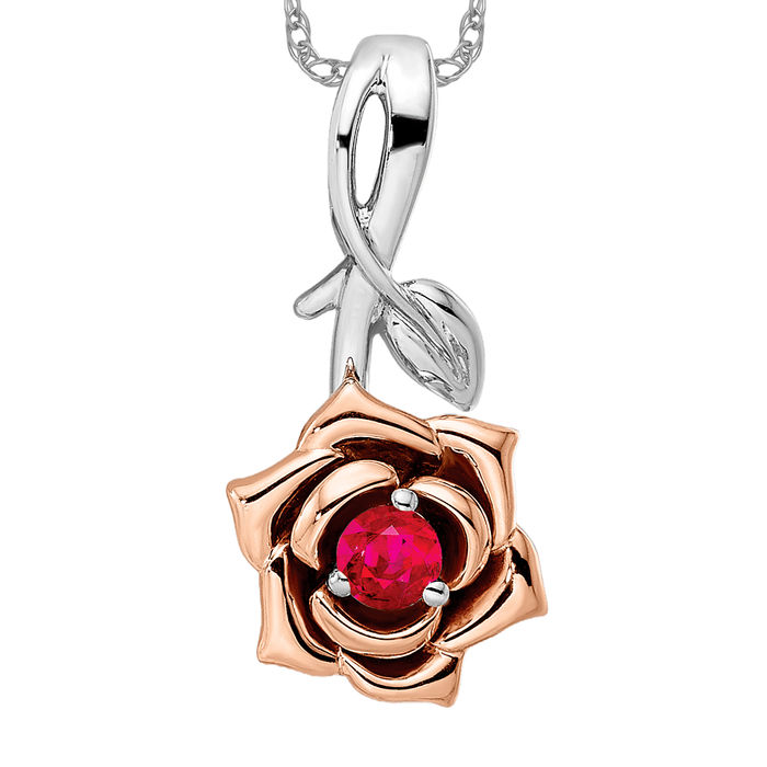 14K Solid Two Tone Gold Ruby Flower Necklace - Picture 9 of 12