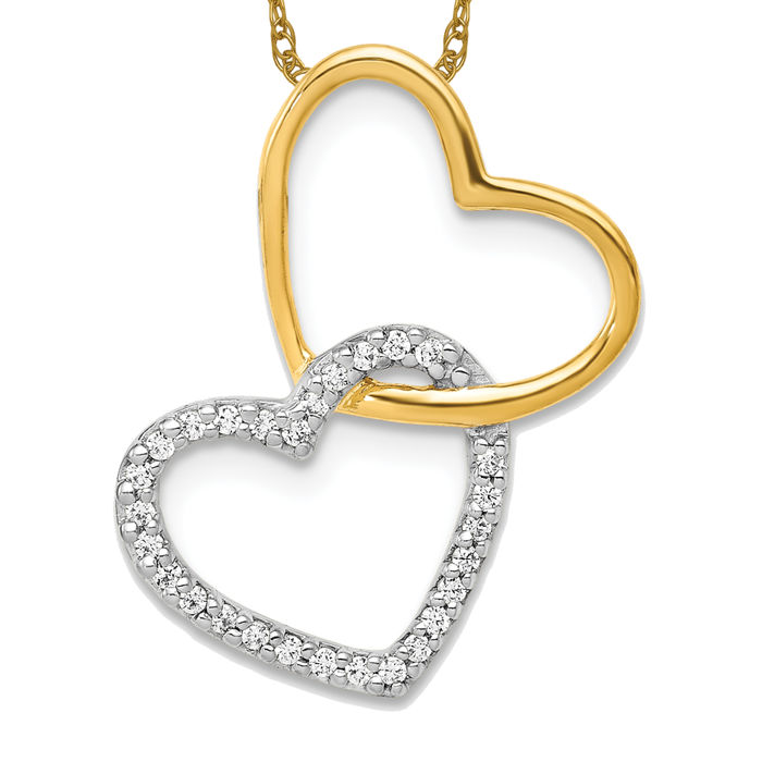 14K Solid Two Tone Gold Diamond Double Heart Floating Chain Slide Pendant Necklace Charm