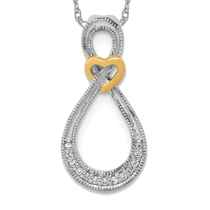 14K Solid Two Tone Gold Diamond Infinity Twisted Love Knot Symbol Heart Floating Chain Slide Pendant Necklace Charm