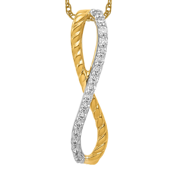 14K Solid Two Tone Gold Diamond Braided Infinity Twisted Love Knot Symbol Floating Chain Slide Pendant Necklace Charm