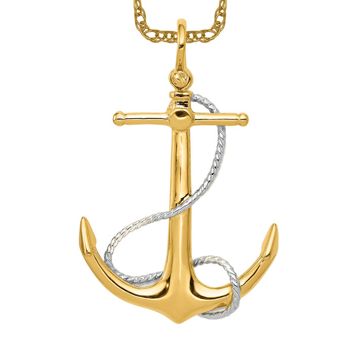 14K Solid Two Tone Gold Anchor Mariner Rope Necklace - Picture 8 of 12