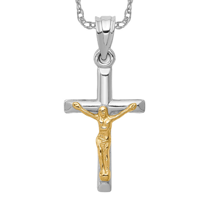 14K Solid Two Tone Gold Jesus Crucifix Cross Necklace - Picture 9 of 12
