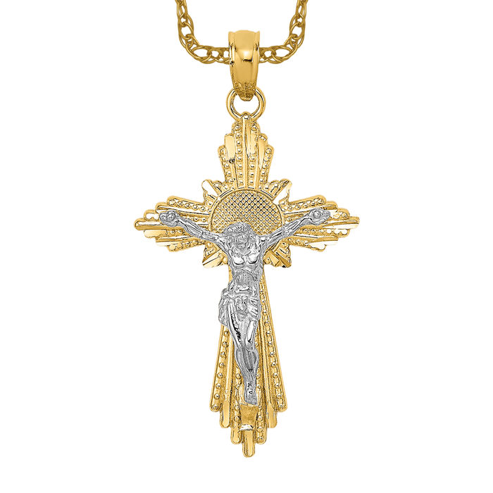 14K Solid Two Tone Gold Jesus Crucifix Cross Necklace - Picture 8 of 12