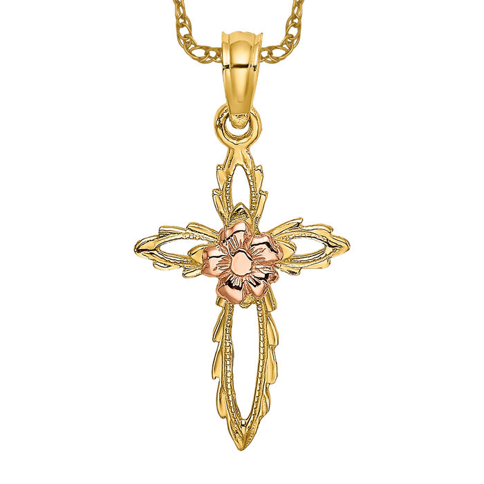 14K Solid Two Tone Gold Cross Flower Necklace