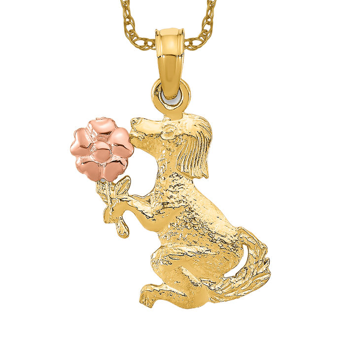 14K Solid Two Tone Gold Dog Flower Necklace - Picture 9 of 12