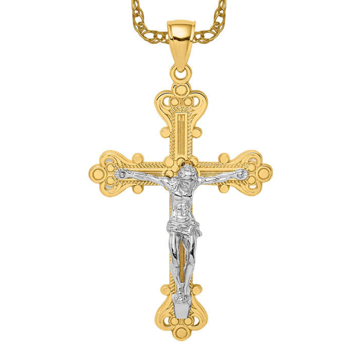 14K Solid Two Tone Gold Jesus Crucifix Cross Necklace - Picture 10 of 12