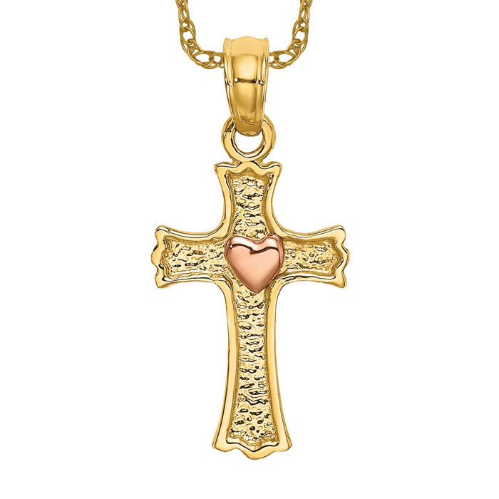 14K Solid Two Tone Gold Heart Cross Necklace - Picture 10 of 12