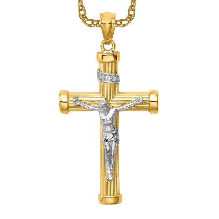 14K Solid Two Tone Gold Inri Jesus Crucifix Cross Necklace - Picture 11 of 12