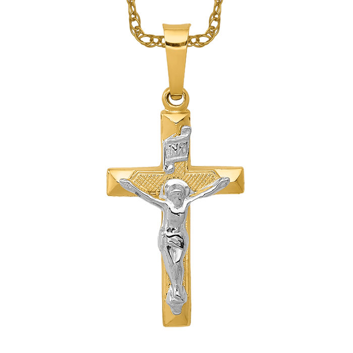 14K Solid Two Tone Gold Inri Jesus Crucifix Cross Necklace - Picture 11 of 12