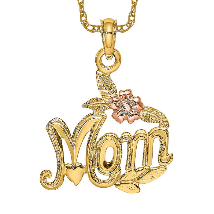 14K Solid Two Tone Gold Mom Flower Necklace