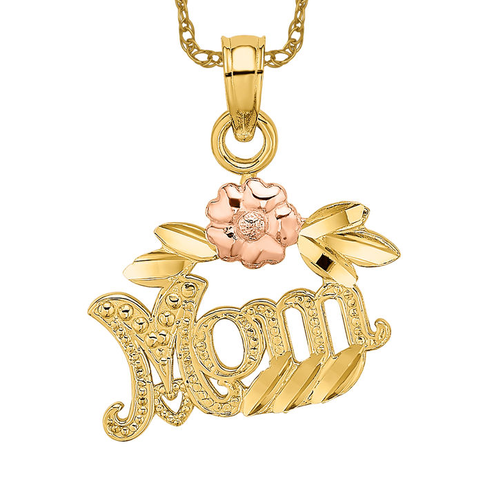 14K Solid Two Tone Gold Flower Mom Necklace