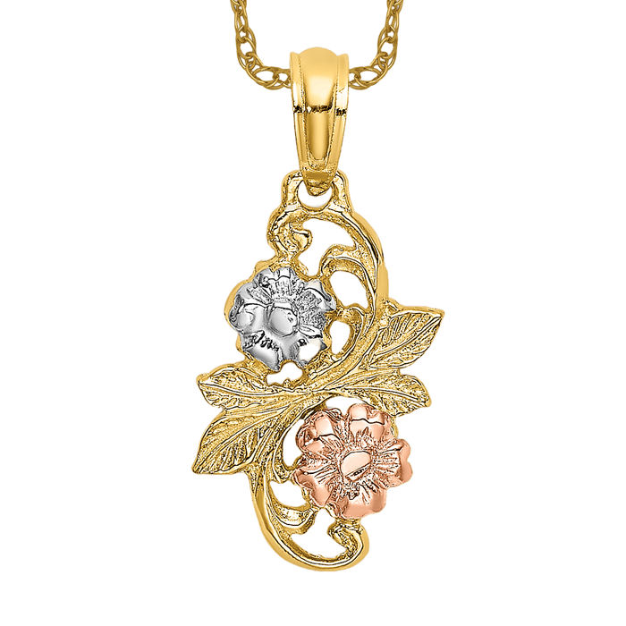 14K Solid Two Tone Gold Flower Necklace