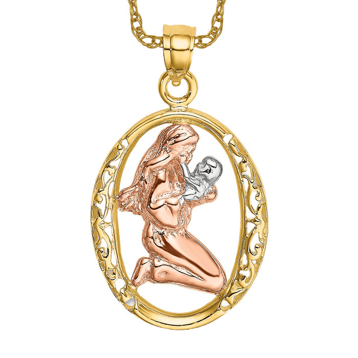 14K Solid Two Tone Gold Mother Daughter Oval Necklace