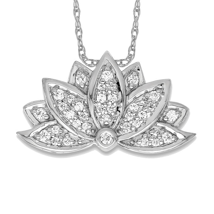 14K Solid White Gold Diamond Lotus Flower Floating Chain Slide Necklace - Picture 11 of 12