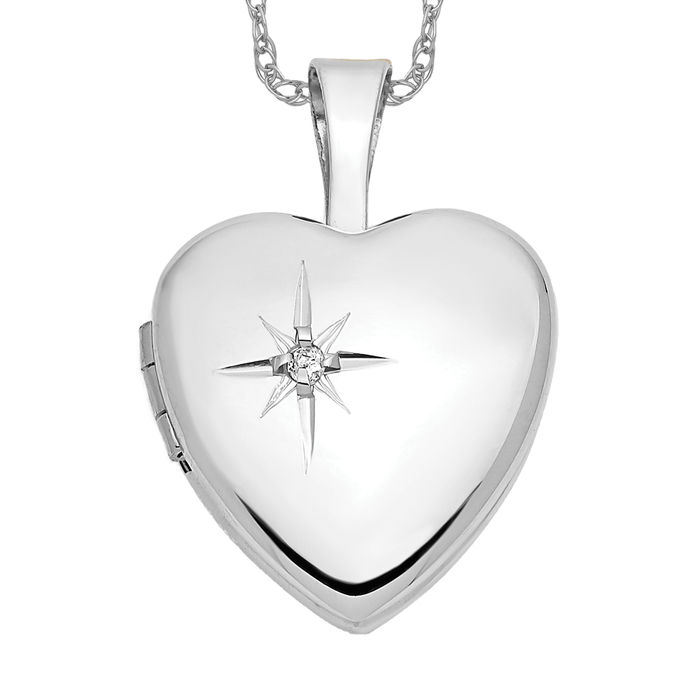14K Solid White Gold Diamond Heart Photo Locket Necklace - Picture 13 of 24