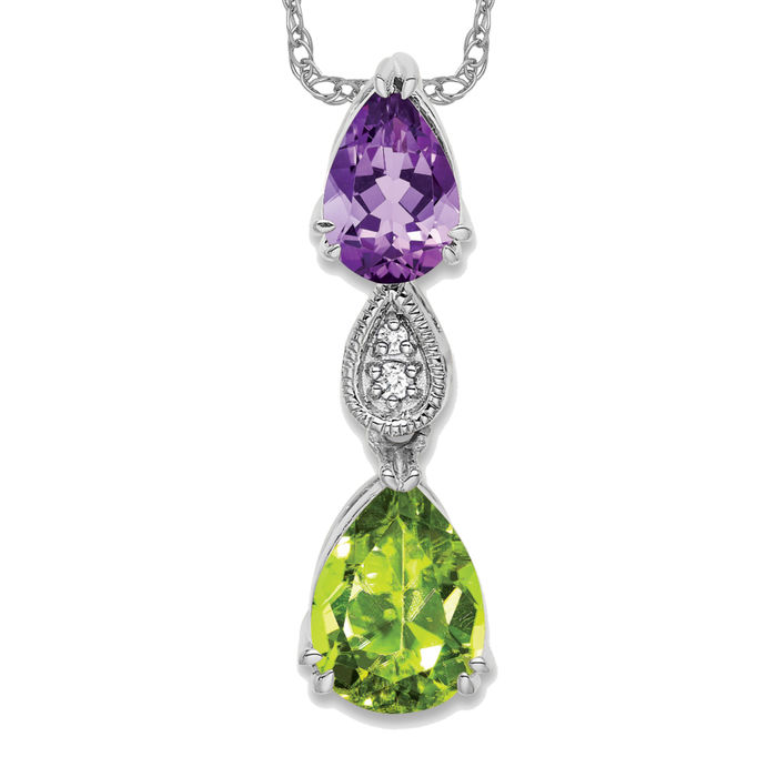 14K Solid White Gold Amethyst Peridot Diamond Floating Chain Slide Necklace - Picture 9 of 12