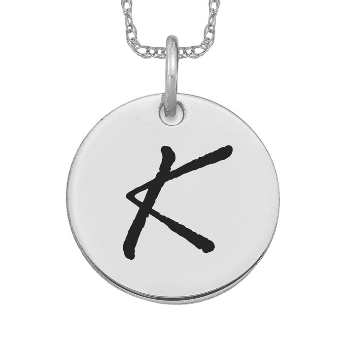 14K Solid White Gold Black Letter K Initial Disk Necklace