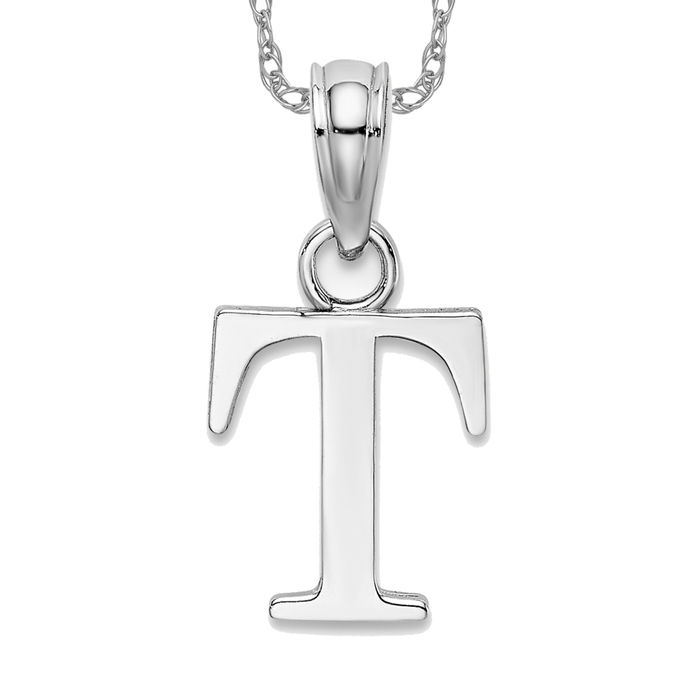 14K Solid White Gold Letter T Initial Necklace
