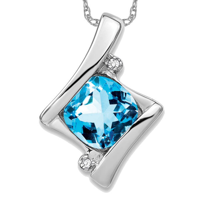14K Solid White Gold Swiss Blue Topaz Diamond Necklace - Picture 10 of 12