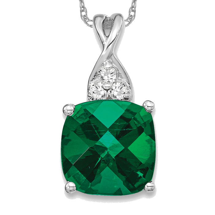 14K Solid White Gold Lab Emerald Diamond Necklace - Picture 8 of 12