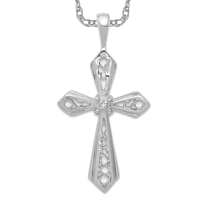 14K Solid White Gold Diamond Passion Cross Necklace - Picture 8 of 12