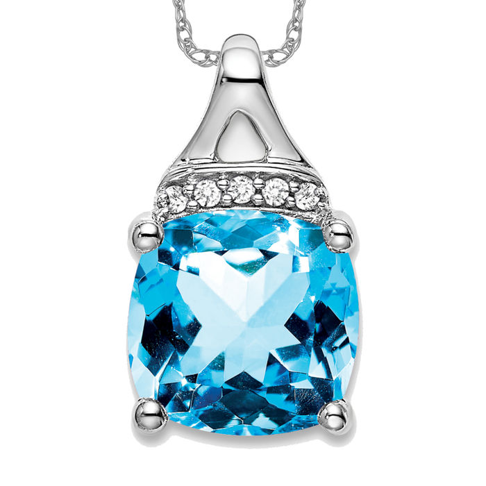 14K Solid White Gold Cushion-cut Swiss Blue Topaz Diamond Necklace - Picture 2 of 4