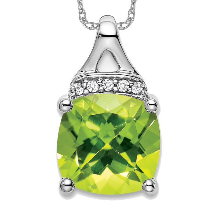 14K Solid White Gold Cushion-cut Peridot Diamond Necklace - Picture 2 of 4