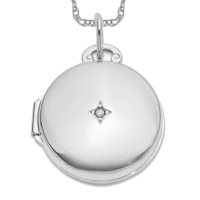 14K Solid White Gold Diamond Round Photo Locket Necklace - Picture 2 of 4