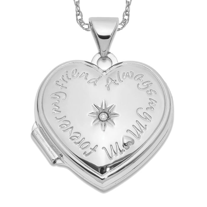 14K Solid White Gold Diamond Always My Mom Heart Photo Locket Necklace - Picture 10 of 12