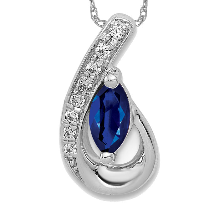 14K Solid White Gold Diamond Blue Sapphire Teardrop Slide Necklace - Picture 2 of 4