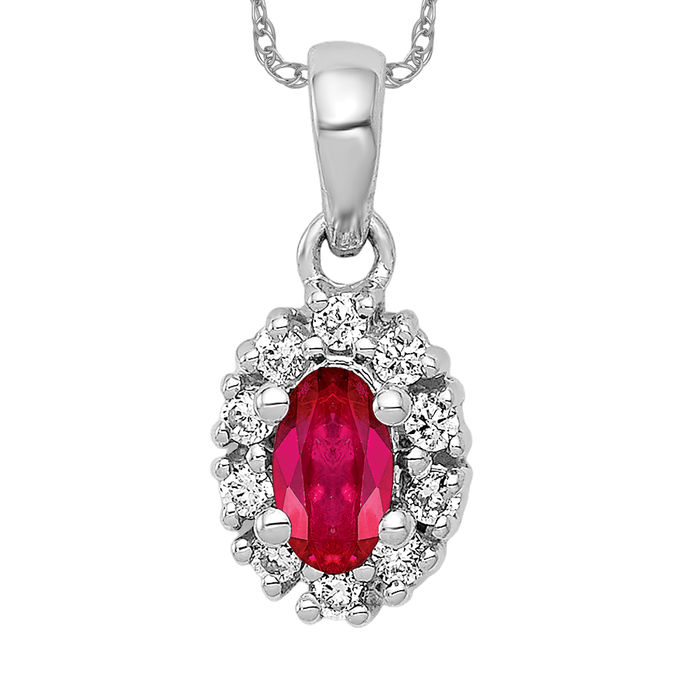 14K Solid White Gold Diamond Oval Ruby Halo Necklace - Picture 10 of 12