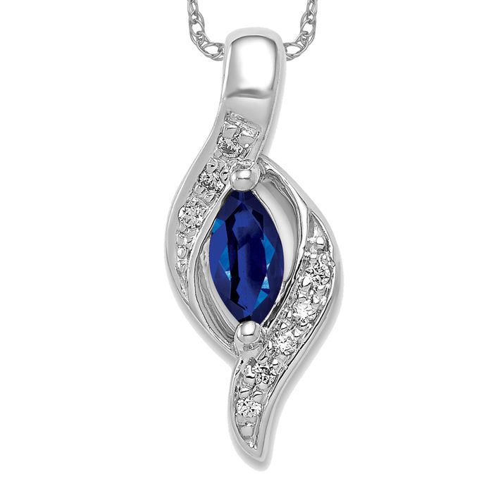 14K Solid White Gold Diamond Marquise Blue Sapphire Necklace - Picture 10 of 12