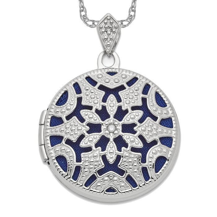 14K Solid White Gold Filigree Diamond Round Photo Locket Necklace - Picture 13 of 24