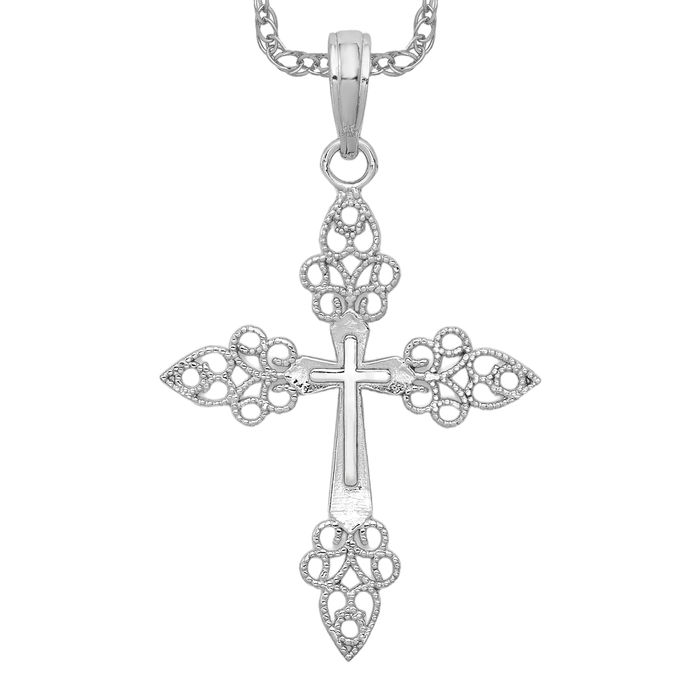 14K Solid White Gold Filigree Cross Necklace - Picture 10 of 12