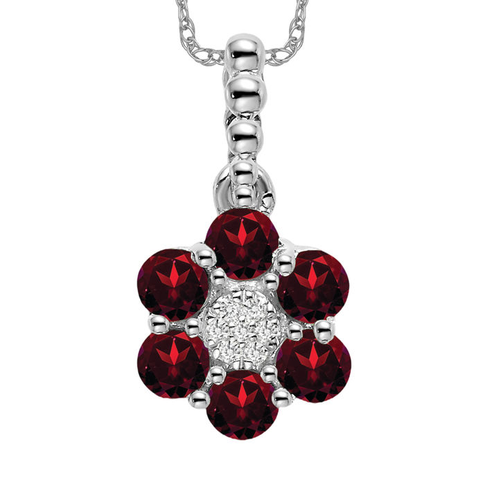 14K Solid White Gold Garnet Diamond Flower Necklace - Picture 8 of 12