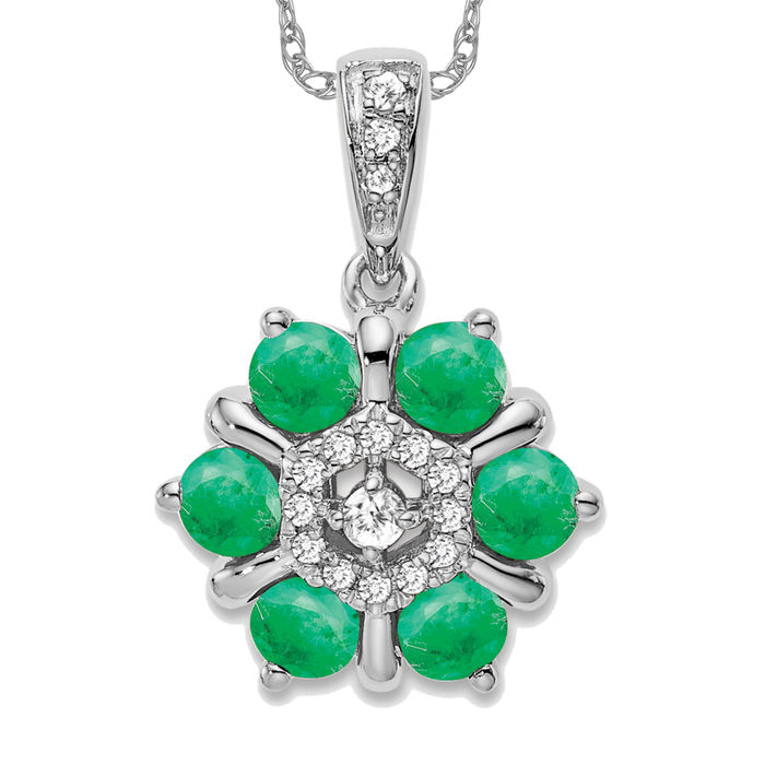 14K Solid White Gold Emerald Diamond Flower Necklace - Picture 10 of 12
