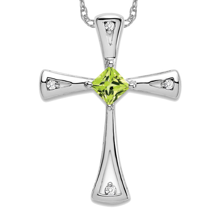 14K Solid White Gold Peridot Diamond Cross Floating Chain Slide Pendant Necklace - Picture 2 of 4